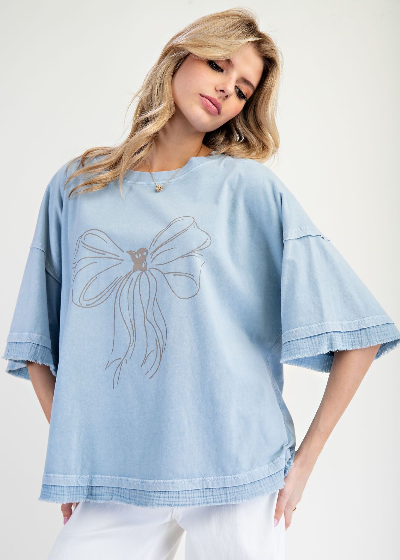 Bow Print Mineral Washed Cotton Knit Top by Easel - Cotton Blue-Apparel-Easel-LouisGeorge Boutique, Women’s Fashion Boutique Located in Trussville, Alabama