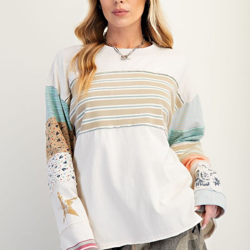 Stripe Mix Patchwork Pullover - Ecru - Plus/Regular-Apparel-Easel-LouisGeorge Boutique, Women’s Fashion Boutique Located in Trussville, Alabama