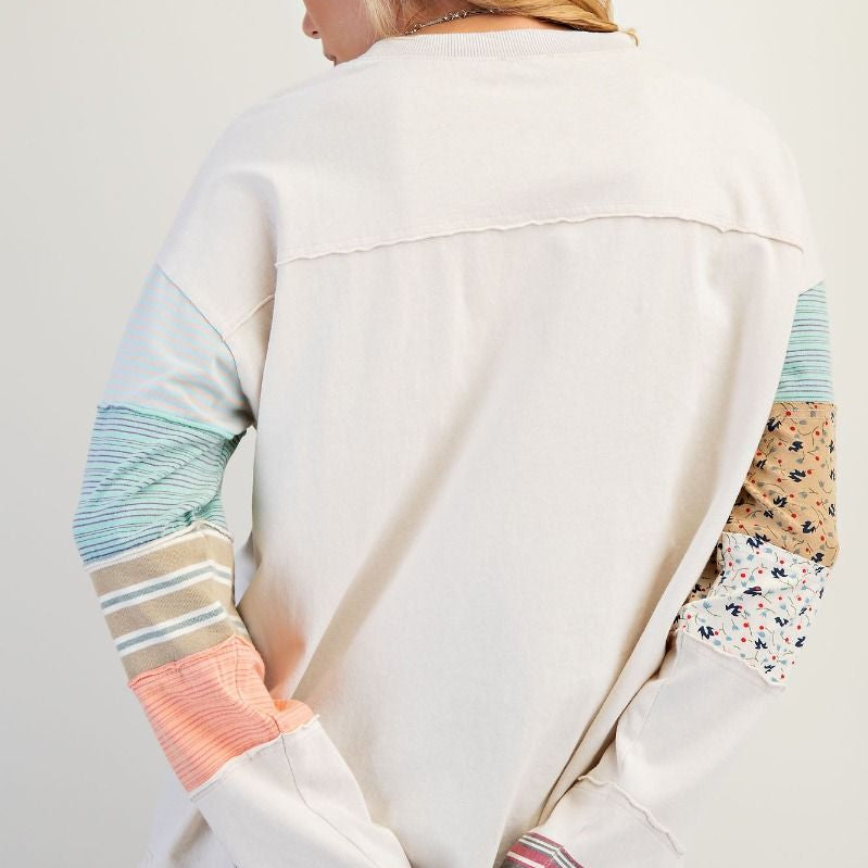 Stripe Mix Patchwork Pullover - Ecru - Plus/Regular-Apparel-Easel-LouisGeorge Boutique, Women’s Fashion Boutique Located in Trussville, Alabama