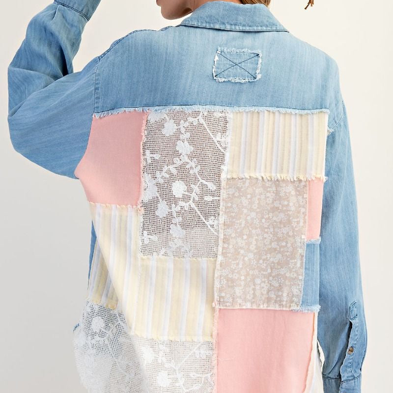 Mixed Patchwork Washed Chambray Button Down Shirt by Easel - Lt Denim - Plus/Regular-Apparel-Easel-LouisGeorge Boutique, Women’s Fashion Boutique Located in Trussville, Alabama