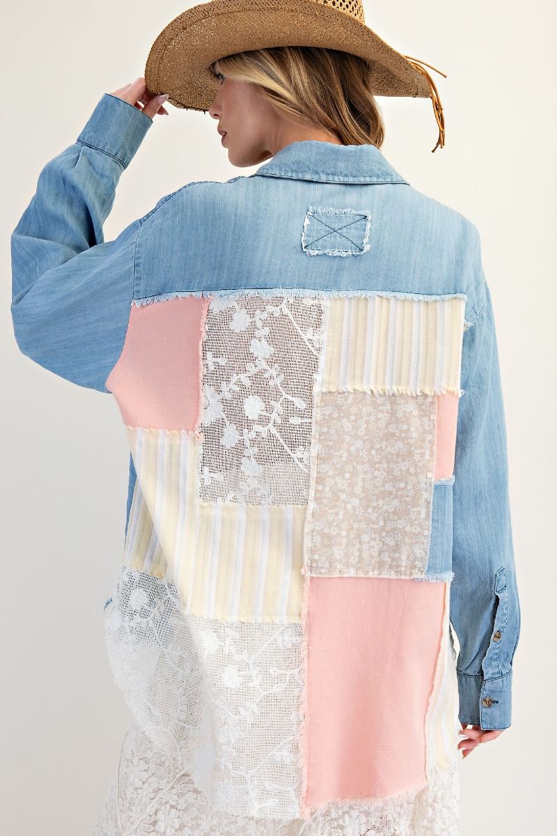 Mixed Patchwork Washed Chambray Button Down Shirt by Easel - Lt Denim - Plus/Regular-Apparel-Easel-LouisGeorge Boutique, Women’s Fashion Boutique Located in Trussville, Alabama