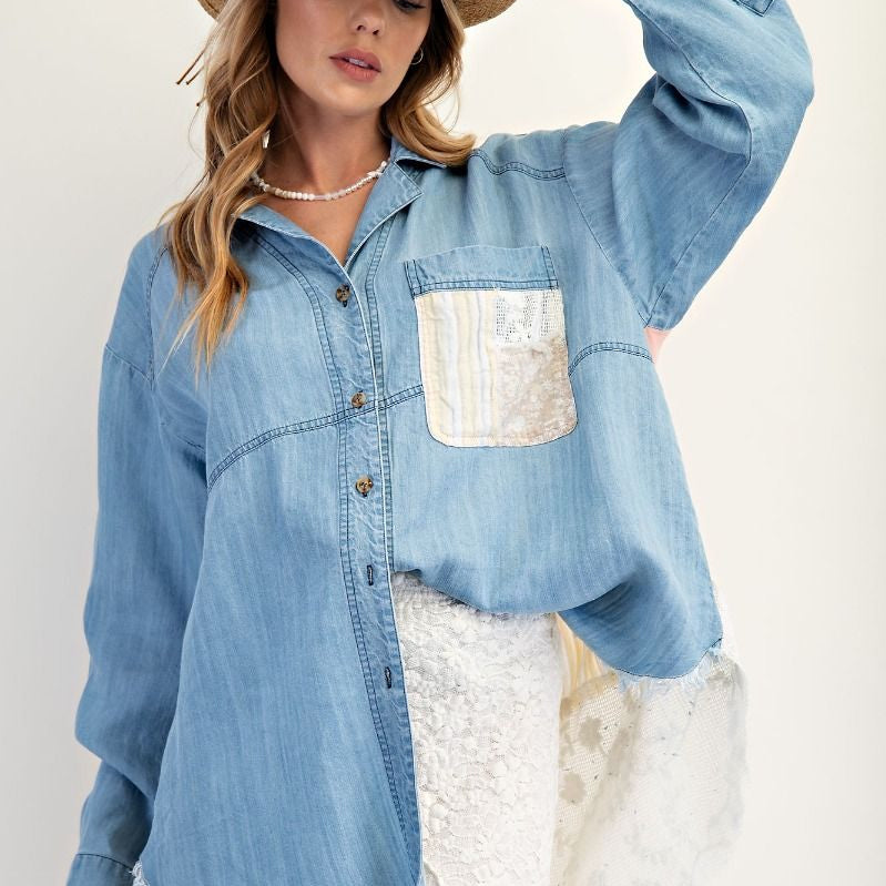 Mixed Patchwork Washed Chambray Button Down Shirt by Easel - Lt Denim - Plus/Regular-Apparel-Easel-LouisGeorge Boutique, Women’s Fashion Boutique Located in Trussville, Alabama