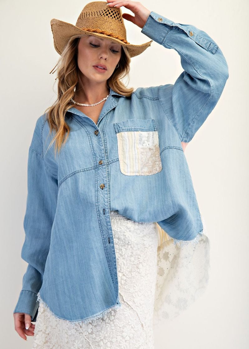 Mixed Patchwork Washed Chambray Button Down Shirt by Easel - Lt Denim - Plus/Regular-Apparel-Easel-LouisGeorge Boutique, Women’s Fashion Boutique Located in Trussville, Alabama