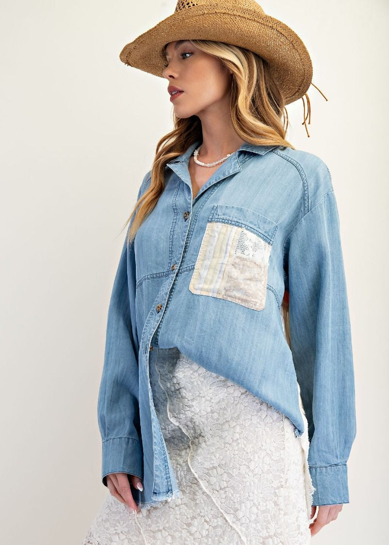 Mixed Patchwork Washed Chambray Button Down Shirt by Easel - Lt Denim - Plus/Regular-Apparel-Easel-LouisGeorge Boutique, Women’s Fashion Boutique Located in Trussville, Alabama