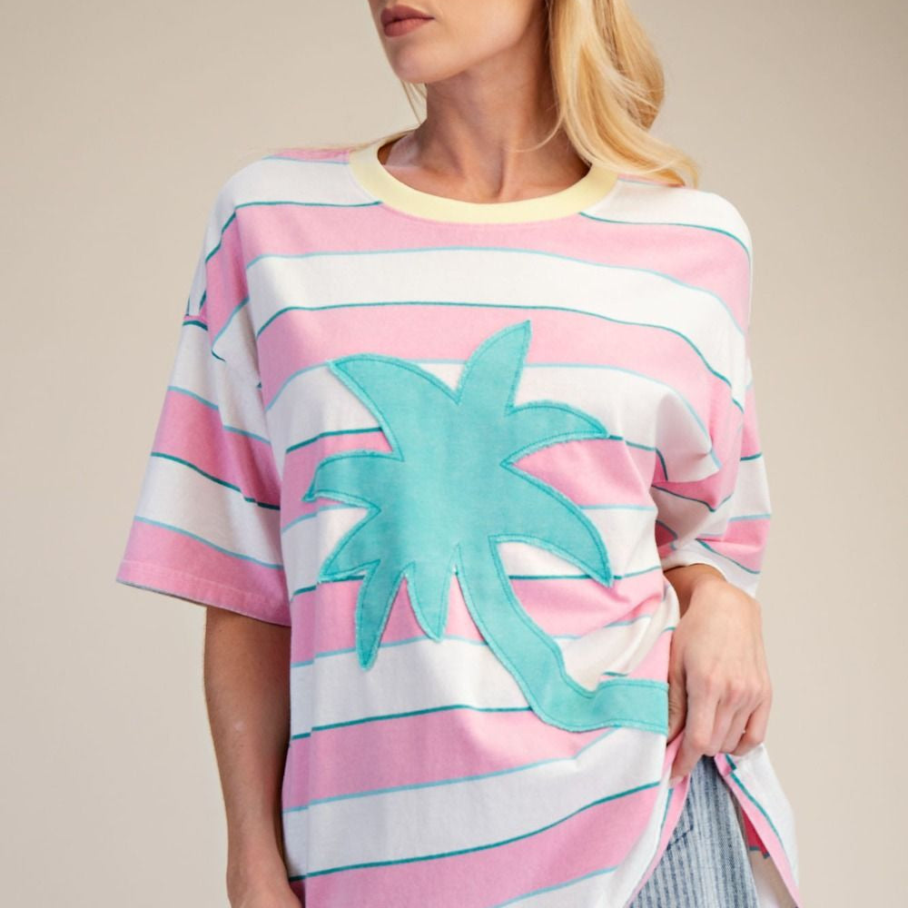 Palm Tree Patch Front Stripe Mineral Washed Tee - Candy Pink-Apparel-Easel-LouisGeorge Boutique, Women’s Fashion Boutique Located in Trussville, Alabama