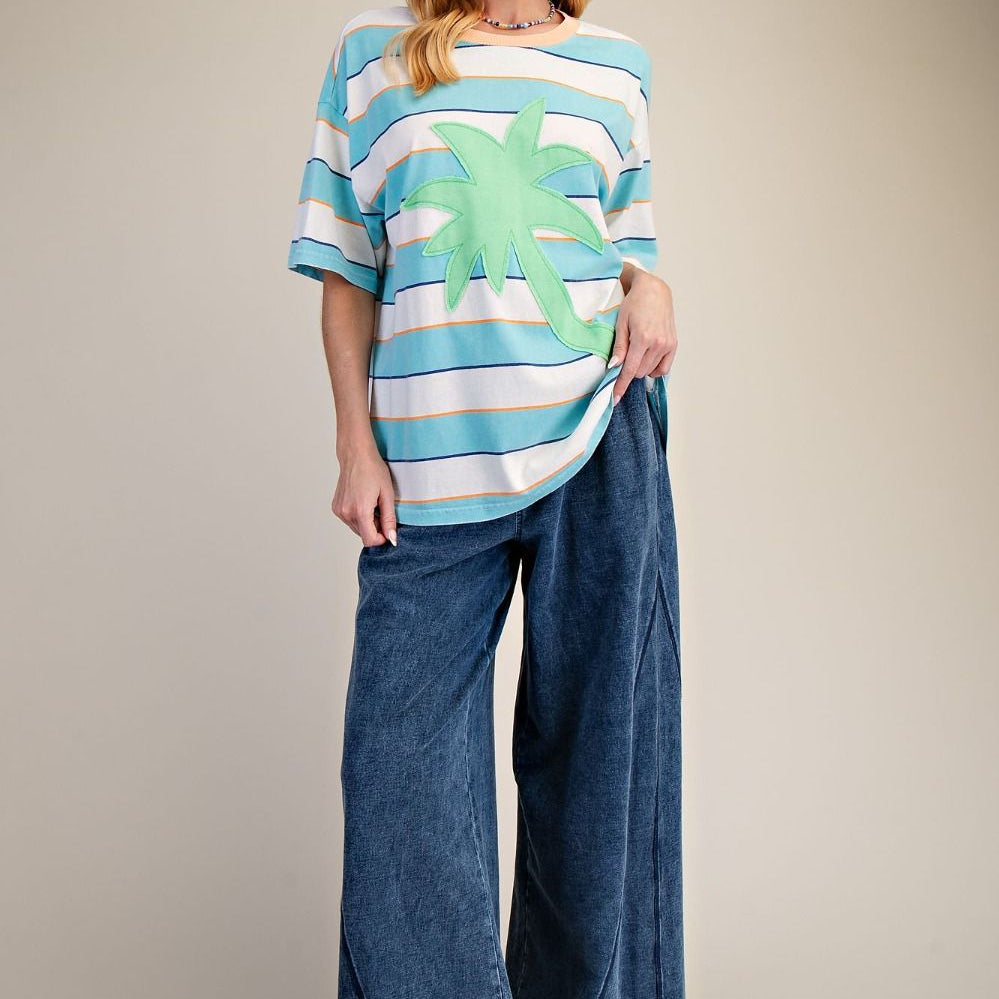 Palm Tree Patch Front Stripe Mineral Washed Tee - Turquois Blue-Apparel-Easel-LouisGeorge Boutique, Women’s Fashion Boutique Located in Trussville, Alabama