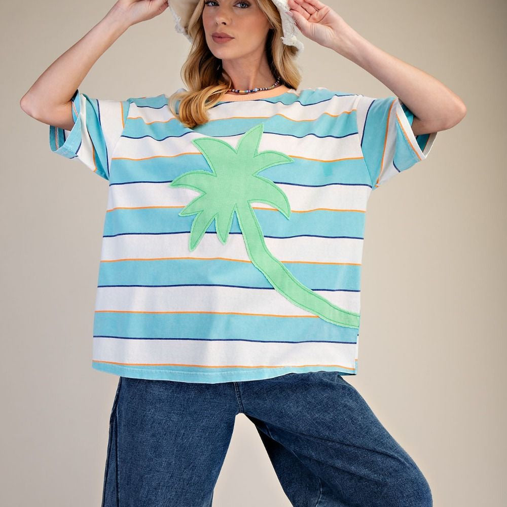 Palm Tree Patch Front Stripe Mineral Washed Tee - Turquois Blue-Apparel-Easel-LouisGeorge Boutique, Women’s Fashion Boutique Located in Trussville, Alabama