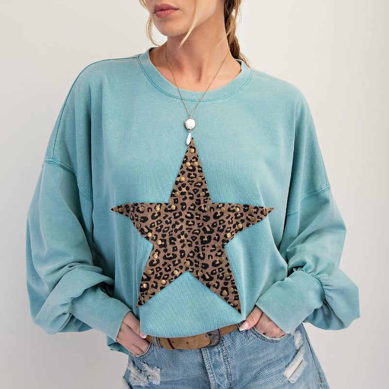 Leopard Star Patch Mineral Washed Knit Top - Faded Teal - Plus/Regular-Apparel-Easel-LouisGeorge Boutique, Women’s Fashion Boutique Located in Trussville, Alabama