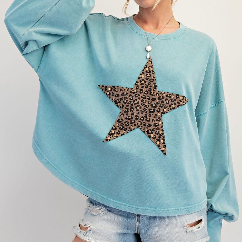Leopard Star Patch Mineral Washed Knit Top - Faded Teal - Plus/Regular-Apparel-Easel-LouisGeorge Boutique, Women’s Fashion Boutique Located in Trussville, Alabama