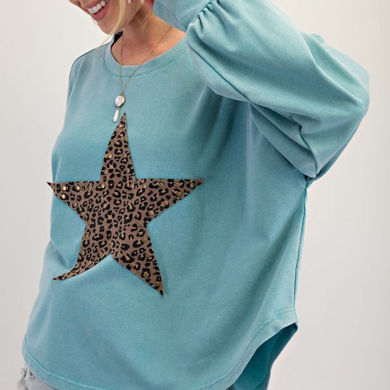 Leopard Star Patch Mineral Washed Knit Top - Faded Teal - Plus/Regular-Apparel-Easel-LouisGeorge Boutique, Women’s Fashion Boutique Located in Trussville, Alabama