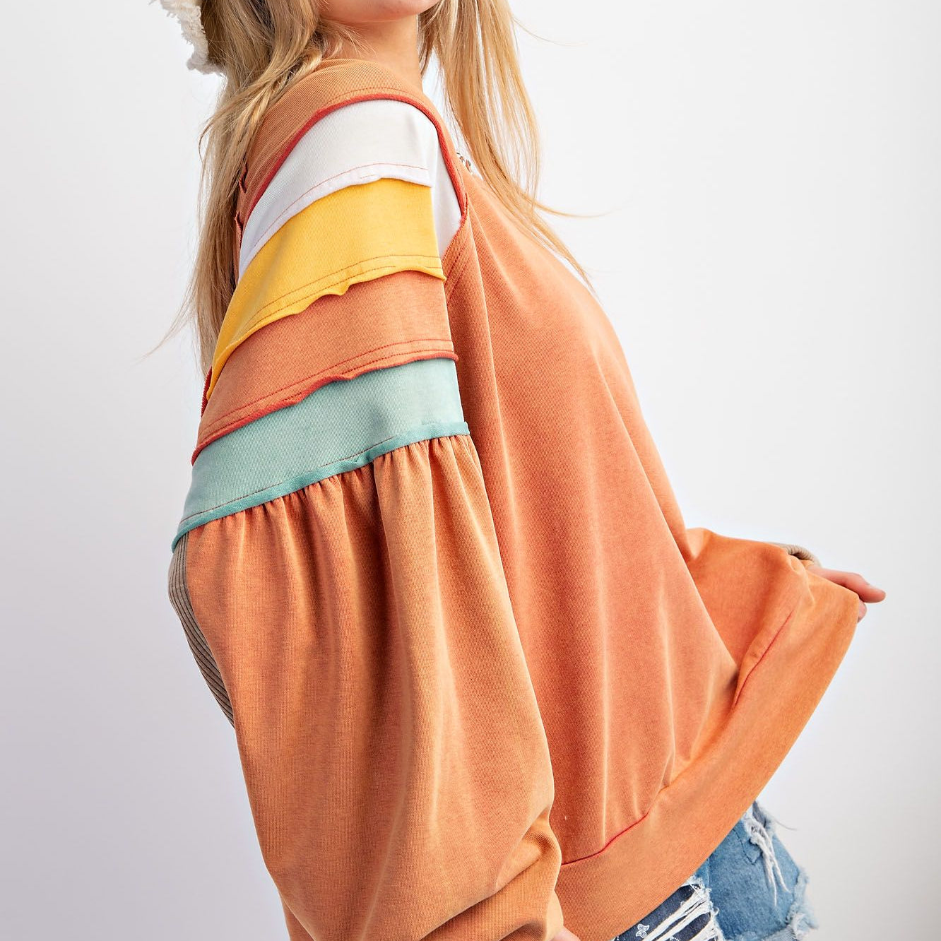 Terry Knit Mineral Washed Pullover with Color Block Sleeves by Easel - Plus/Regular - Chai Tea-Apparel-Easel-LouisGeorge Boutique, Women’s Fashion Boutique Located in Trussville, Alabama