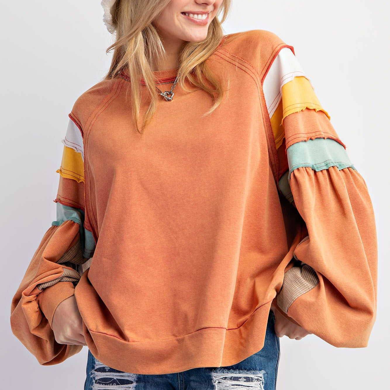 Terry Knit Mineral Washed Pullover with Color Block Sleeves by Easel - Plus/Regular - Chai Tea-Apparel-Easel-LouisGeorge Boutique, Women’s Fashion Boutique Located in Trussville, Alabama