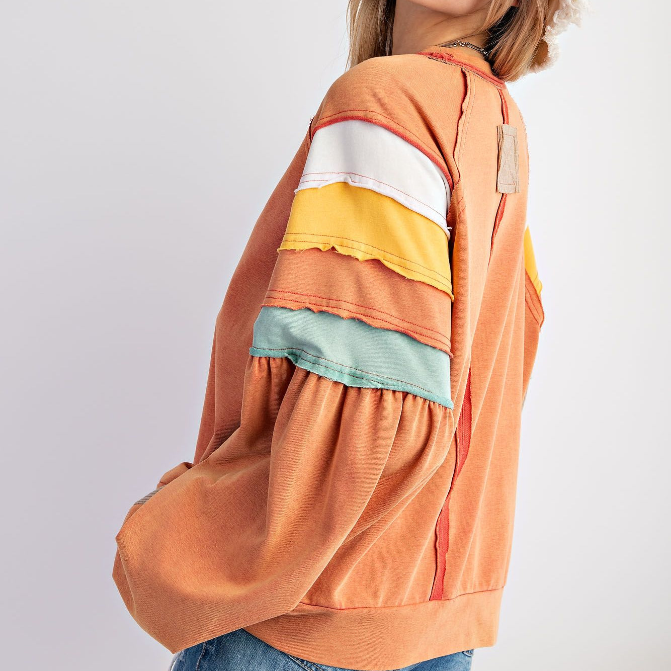 Terry Knit Mineral Washed Pullover with Color Block Sleeves by Easel - Plus/Regular - Chai Tea-Apparel-Easel-LouisGeorge Boutique, Women’s Fashion Boutique Located in Trussville, Alabama