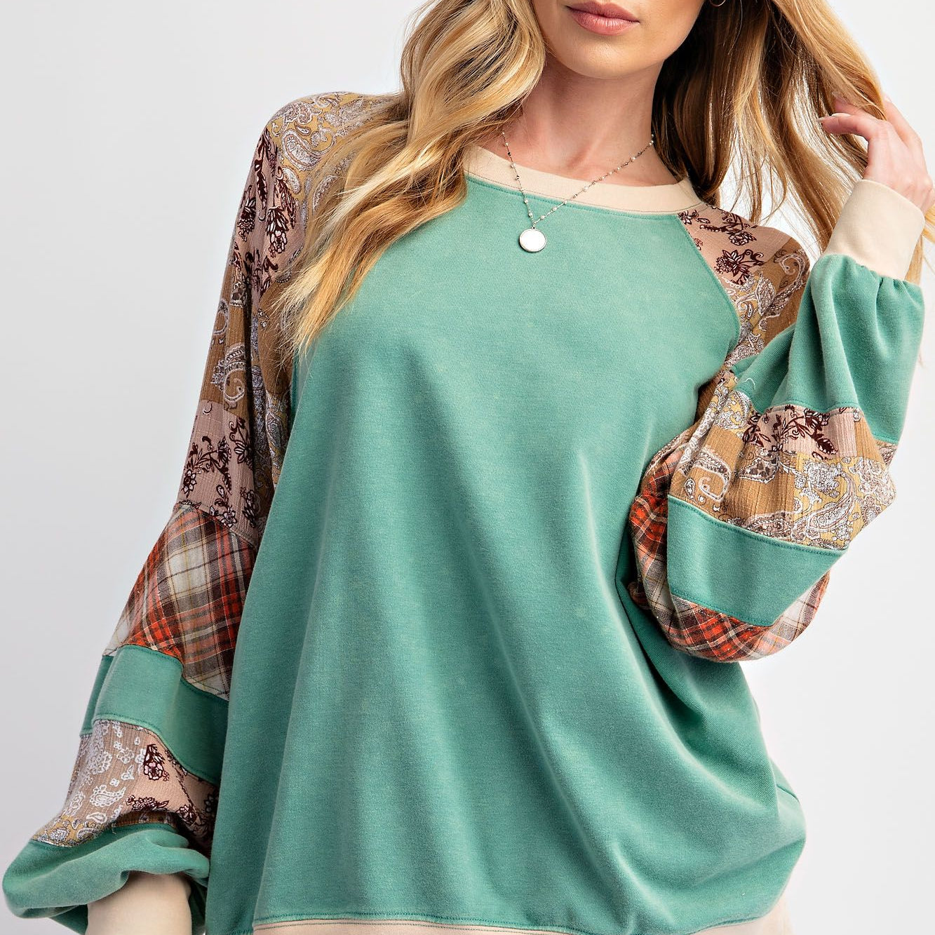 Mixed Print Mineral Washed Top by Easel - Plus/Regular - Atlantis Green-Apparel-Easel-LouisGeorge Boutique, Women’s Fashion Boutique Located in Trussville, Alabama
