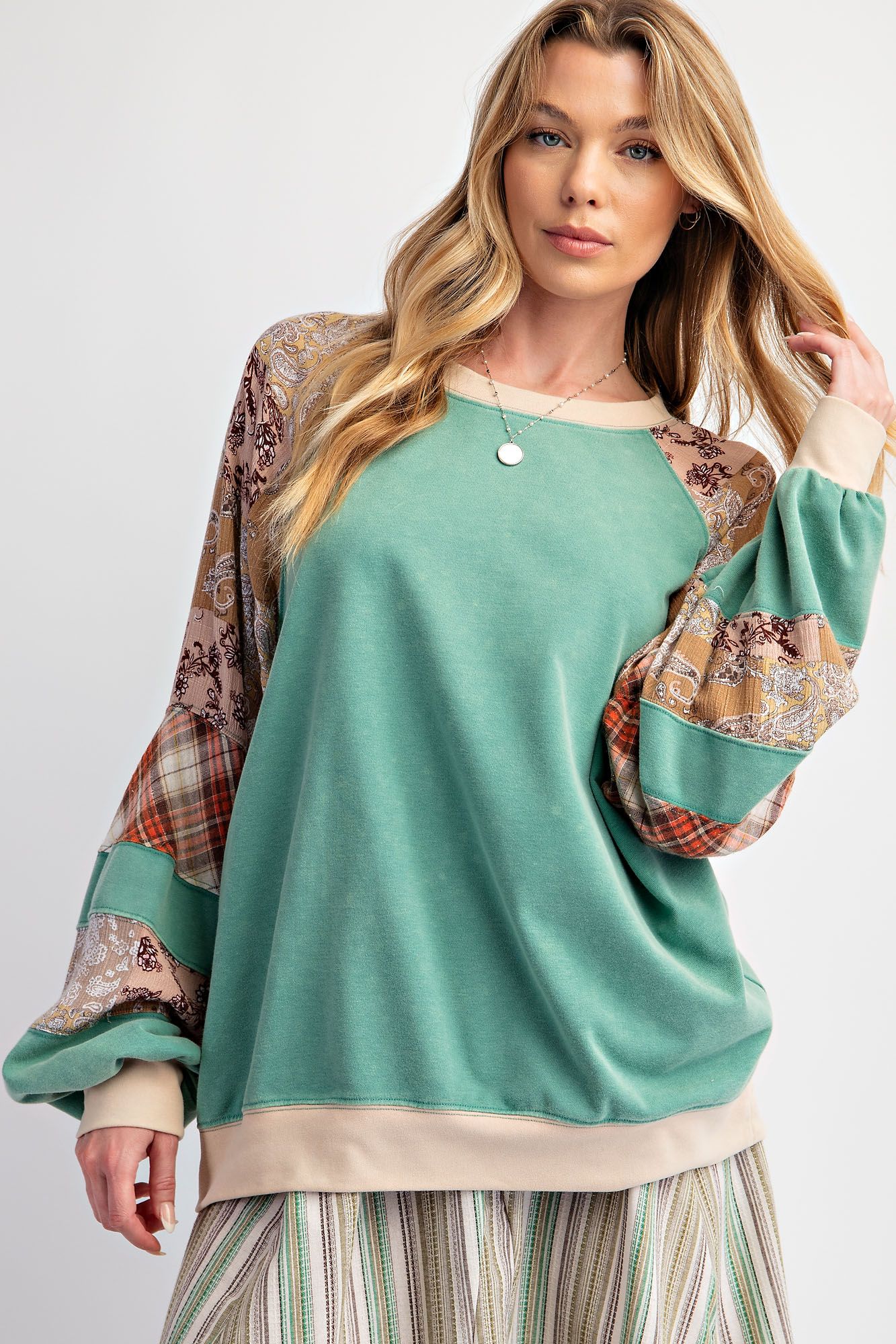 Mixed Print Mineral Washed Top by Easel - Plus/Regular - Atlantis Green-Apparel-Easel-LouisGeorge Boutique, Women’s Fashion Boutique Located in Trussville, Alabama