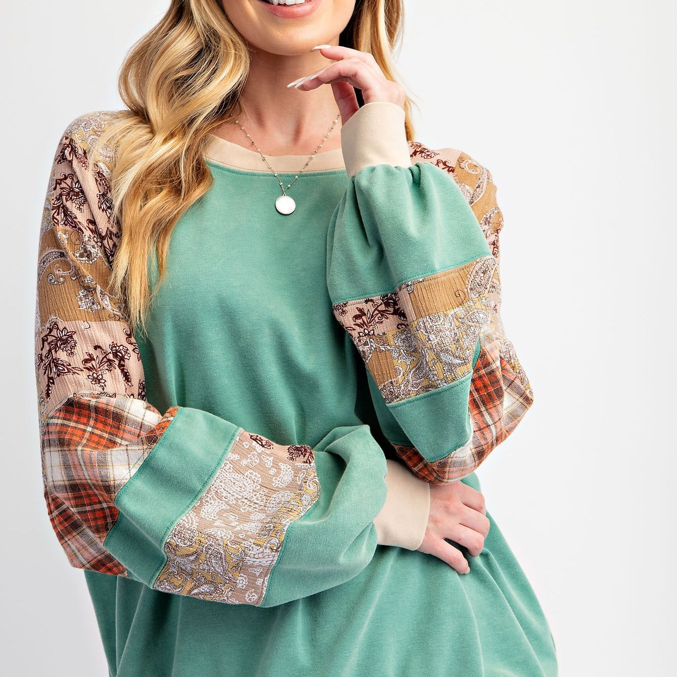 Mixed Print Mineral Washed Top by Easel - Plus/Regular - Atlantis Green-Apparel-Easel-LouisGeorge Boutique, Women’s Fashion Boutique Located in Trussville, Alabama