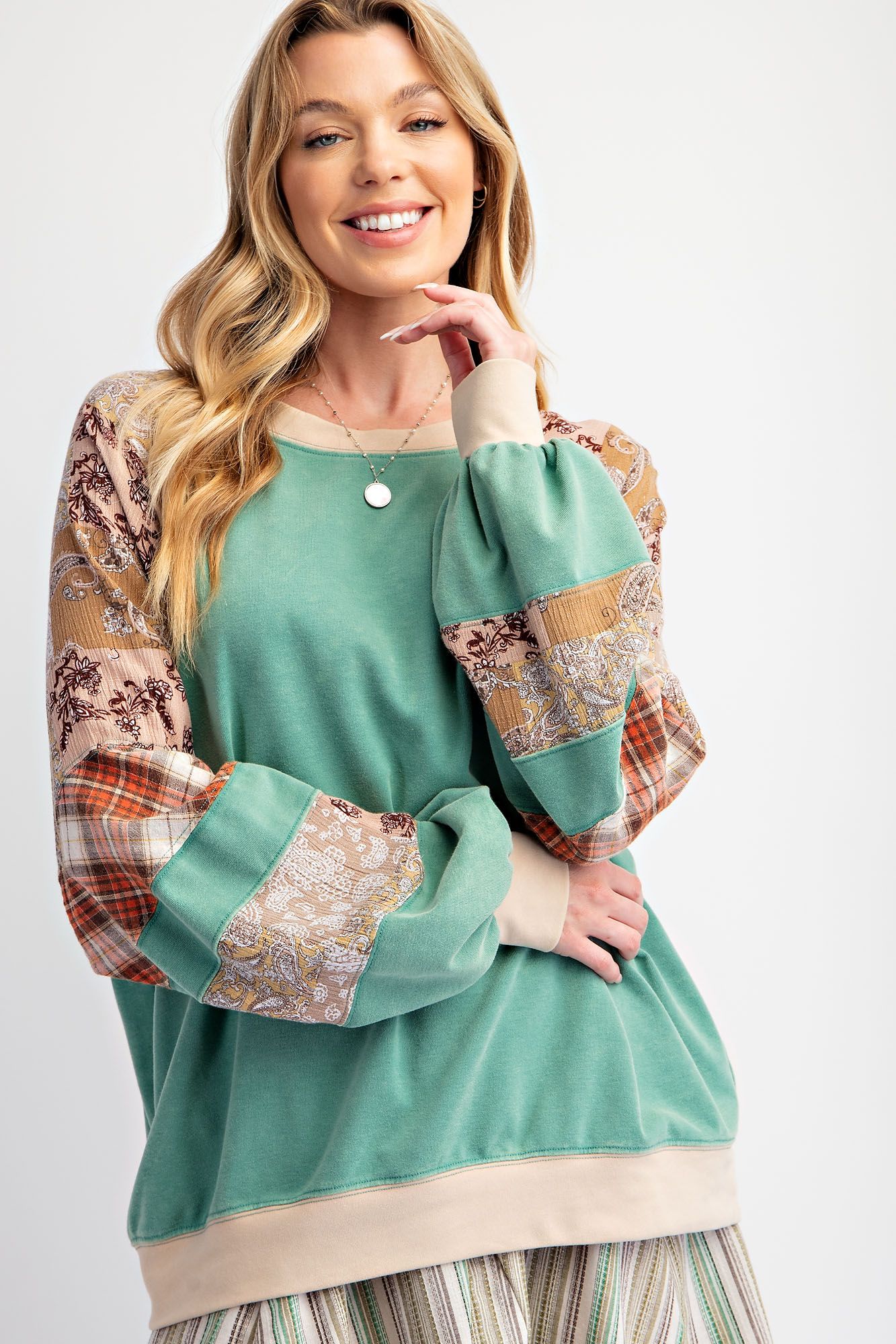 Mixed Print Mineral Washed Top by Easel - Plus/Regular - Atlantis Green-Apparel-Easel-LouisGeorge Boutique, Women’s Fashion Boutique Located in Trussville, Alabama