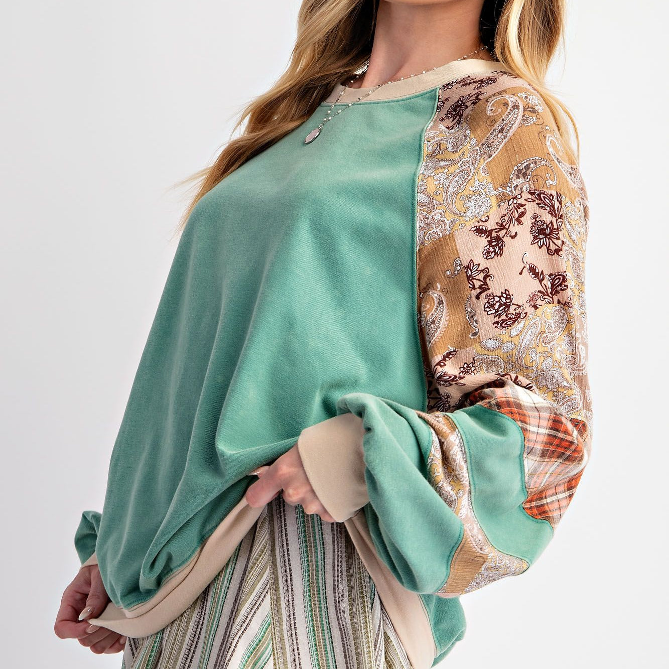 Mixed Print Mineral Washed Top by Easel - Plus/Regular - Atlantis Green-Apparel-Easel-LouisGeorge Boutique, Women’s Fashion Boutique Located in Trussville, Alabama