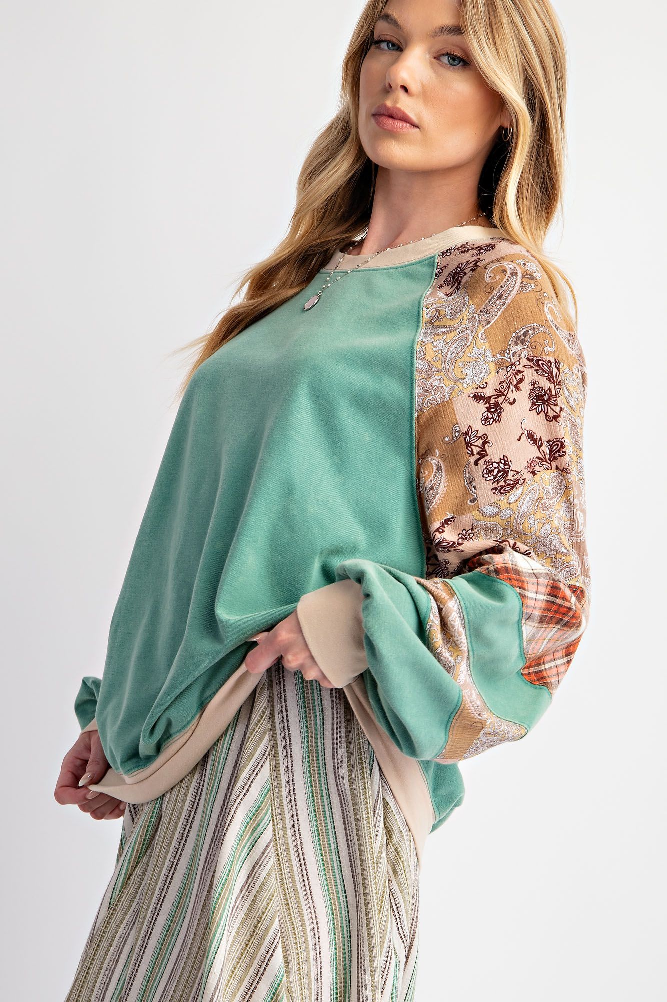 Mixed Print Mineral Washed Top by Easel - Plus/Regular - Atlantis Green-Apparel-Easel-LouisGeorge Boutique, Women’s Fashion Boutique Located in Trussville, Alabama