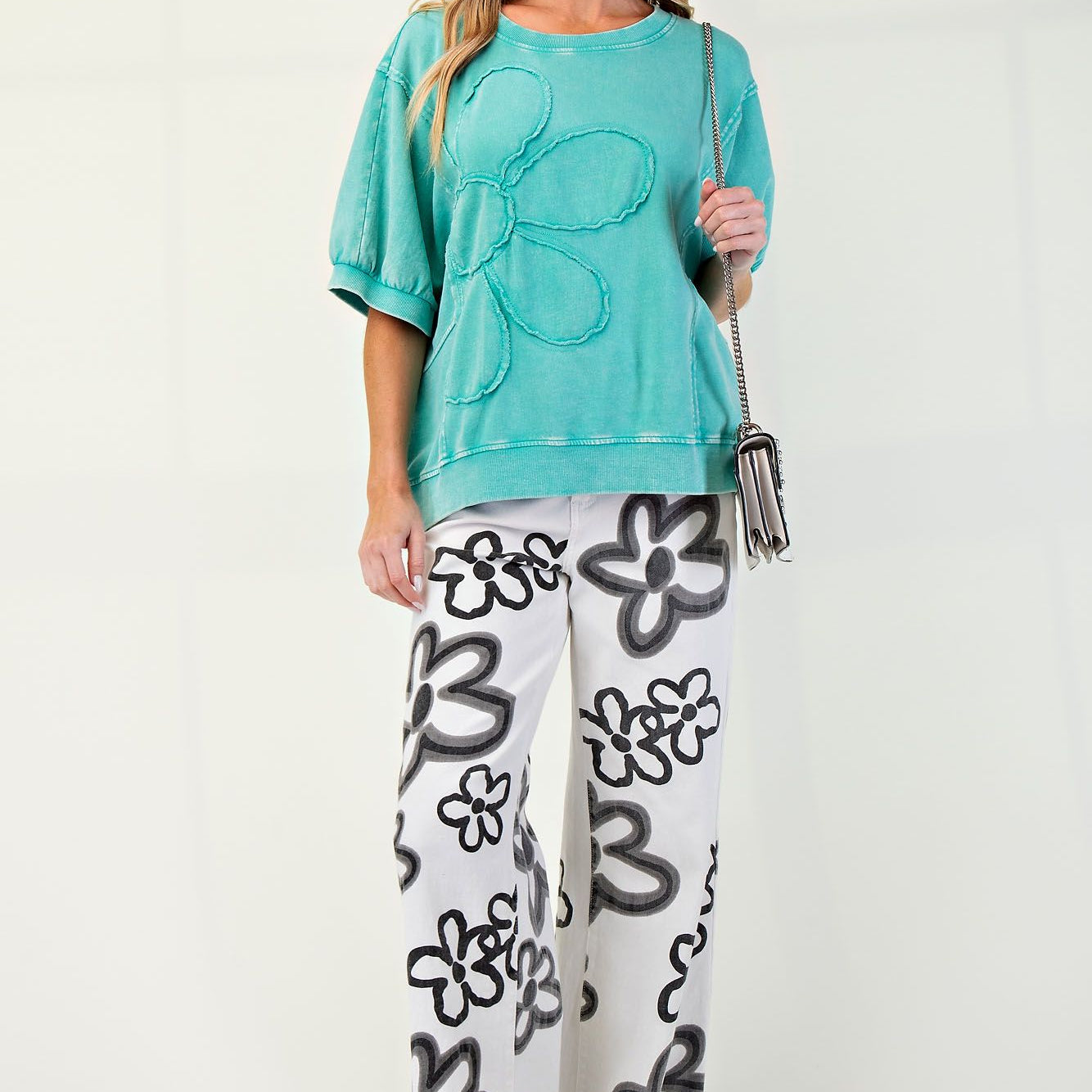 Daisy Patch Mineral Wash Pullover by Easel - Atlantis Green - Plus/Regular-Apparel-Easel-LouisGeorge Boutique, Women’s Fashion Boutique Located in Trussville, Alabama