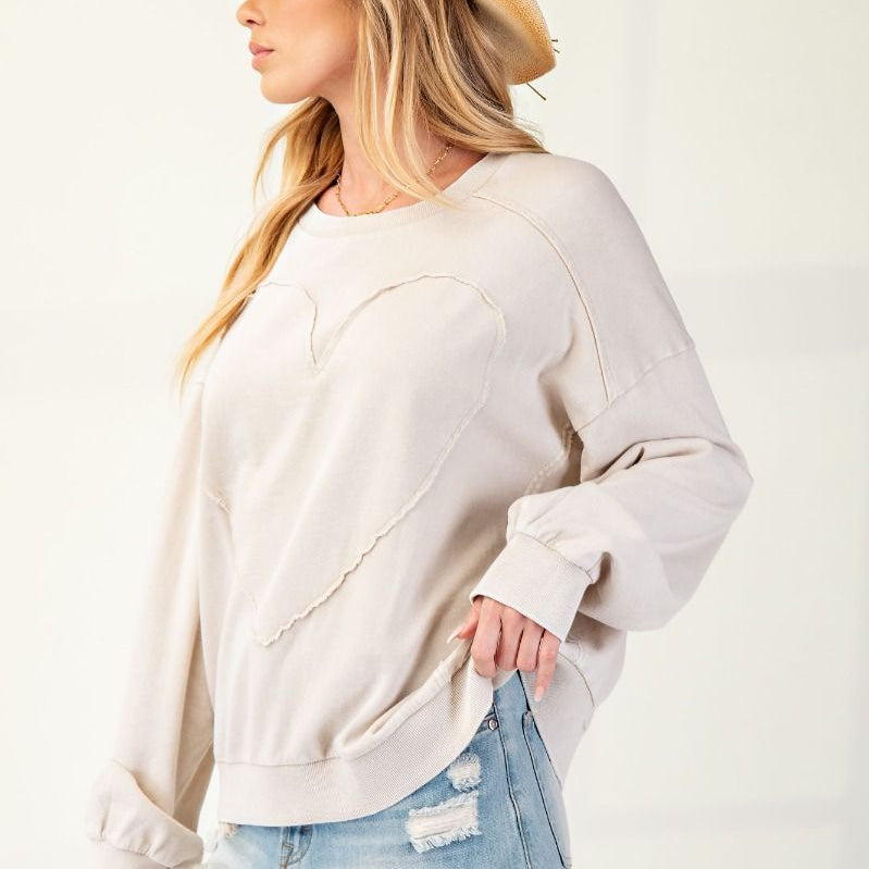 Heart Patch Mineral Wash Terry Knit Pullover by Easel - Light Khaki - Plus/Regular-Graphic Tee-Easel-LouisGeorge Boutique, Women’s Fashion Boutique Located in Trussville, Alabama