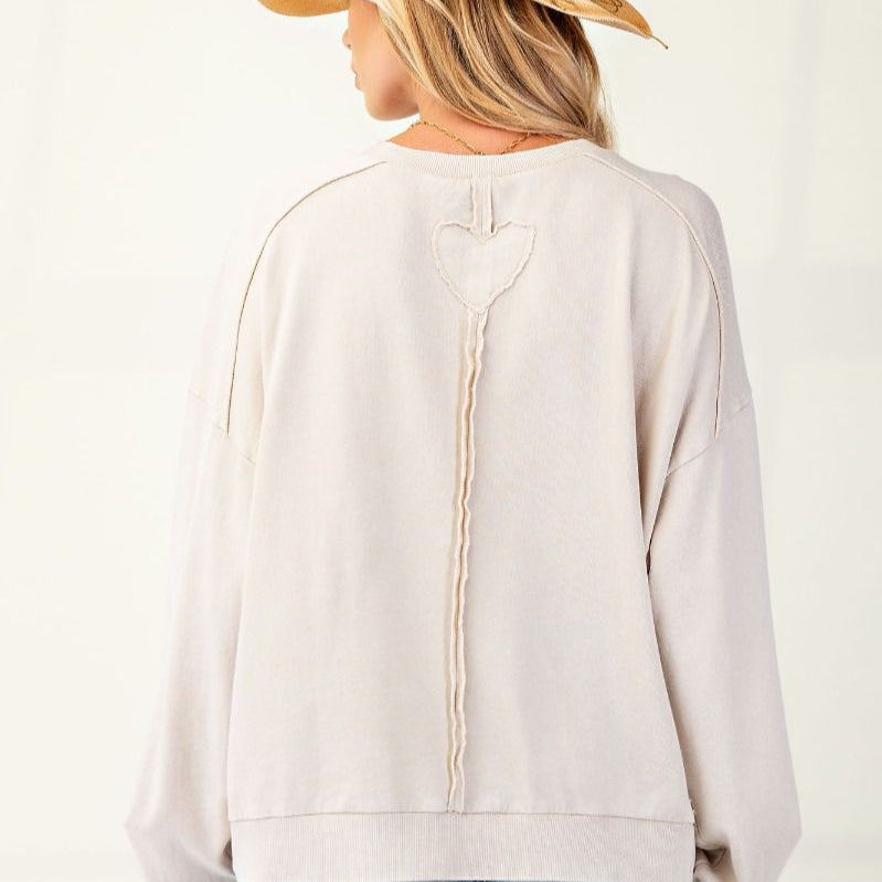 Heart Patch Mineral Wash Terry Knit Pullover by Easel - Light Khaki - Plus/Regular-Graphic Tee-Easel-LouisGeorge Boutique, Women’s Fashion Boutique Located in Trussville, Alabama