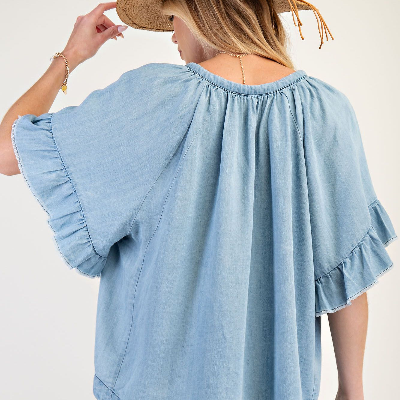 Washed Chambray Top by Easel - Light Denim - Plus/Regular-Apparel-Easel-LouisGeorge Boutique, Women’s Fashion Boutique Located in Trussville, Alabama