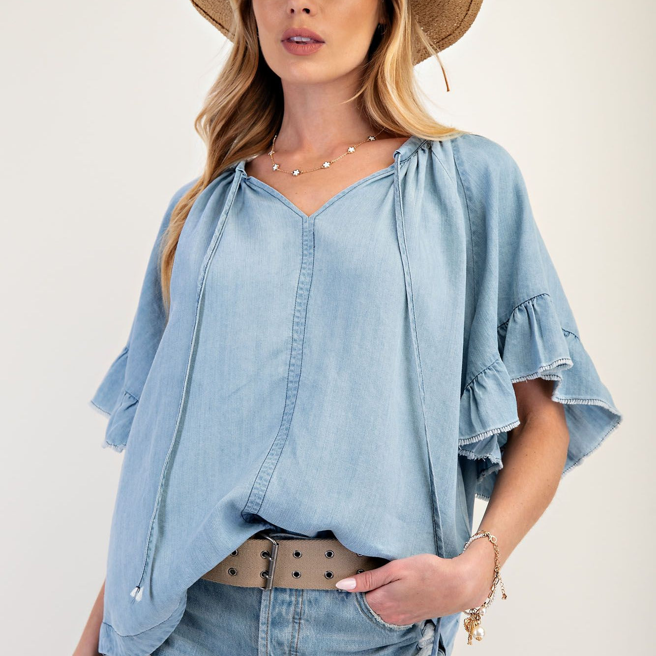 Washed Chambray Top by Easel - Light Denim - Plus/Regular-Apparel-Easel-LouisGeorge Boutique, Women’s Fashion Boutique Located in Trussville, Alabama