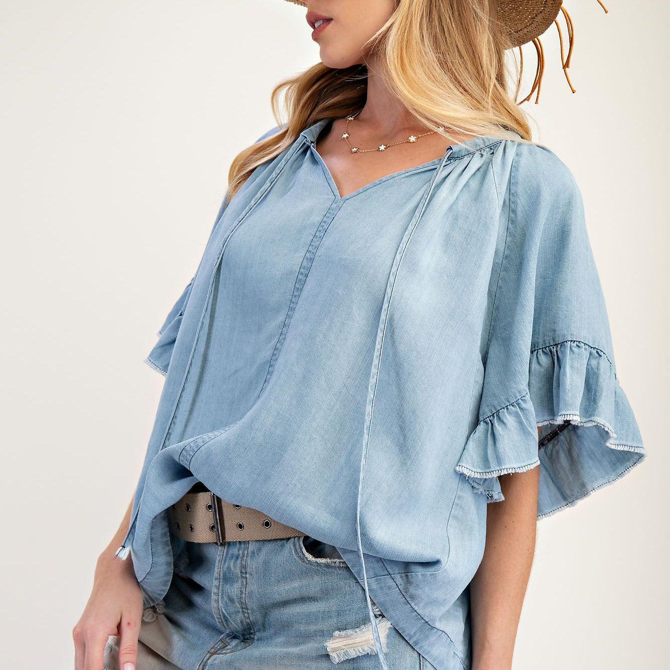 Washed Chambray Top by Easel - Light Denim - Plus/Regular-Apparel-Easel-LouisGeorge Boutique, Women’s Fashion Boutique Located in Trussville, Alabama