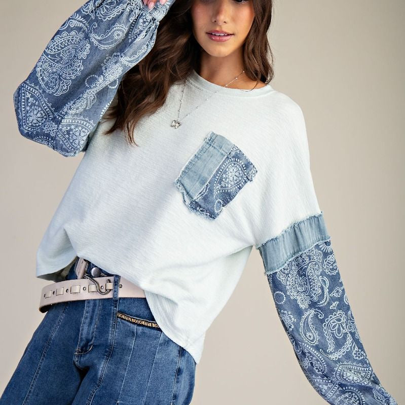 Denim Print Mix Thermal Knit Pullover - Light Blue-Apparel-Easel-LouisGeorge Boutique, Women’s Fashion Boutique Located in Trussville, Alabama