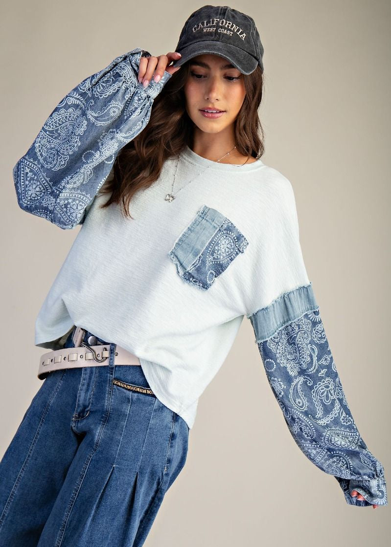 Denim Print Mix Thermal Knit Pullover - Light Blue-Apparel-Easel-LouisGeorge Boutique, Women’s Fashion Boutique Located in Trussville, Alabama