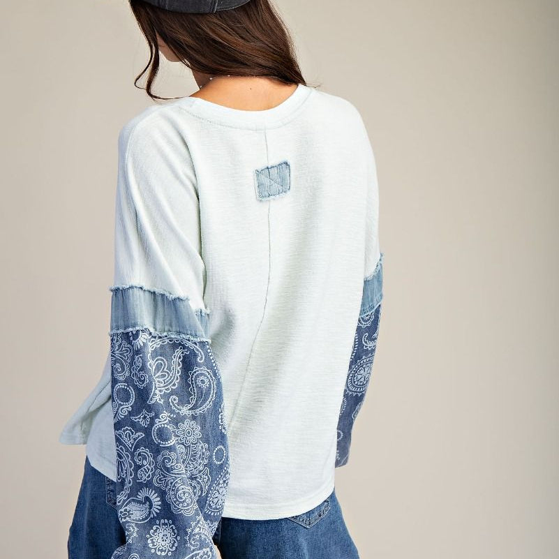 Denim Print Mix Thermal Knit Pullover - Light Blue-Apparel-Easel-LouisGeorge Boutique, Women’s Fashion Boutique Located in Trussville, Alabama