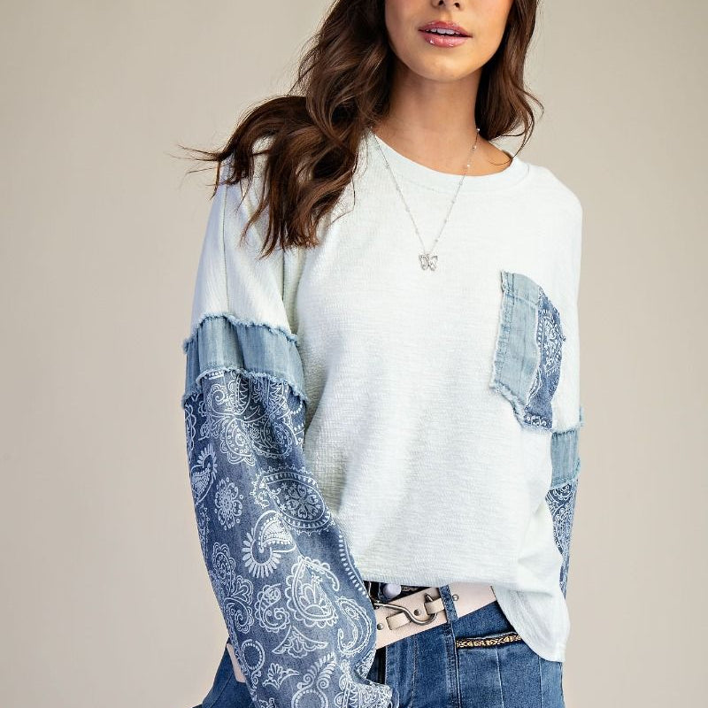 Denim Print Mix Thermal Knit Pullover - Light Blue-Apparel-Easel-LouisGeorge Boutique, Women’s Fashion Boutique Located in Trussville, Alabama
