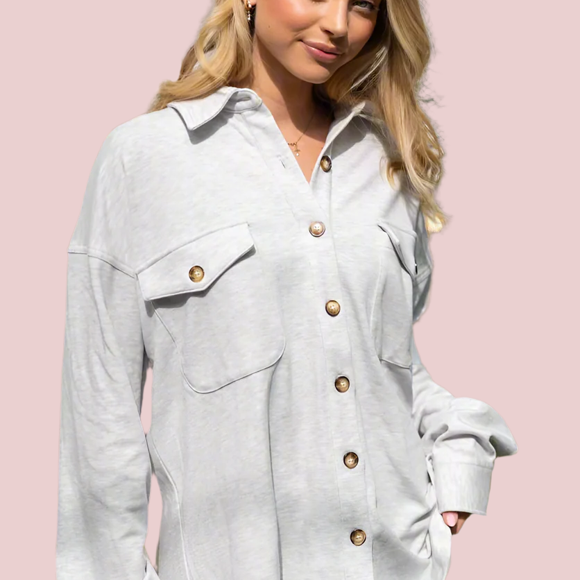 Micro Fleece Button Up Shirket - Heather White - Plus/Regular-Sweater-White Birch-LouisGeorge Boutique, Women’s Fashion Boutique Located in Trussville, Alabama