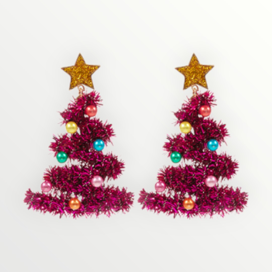 Pink Tinsel Christmas Tree Earrings-Earrings-LouisGeorge Boutique-LouisGeorge Boutique, Women’s Fashion Boutique Located in Trussville, Alabama