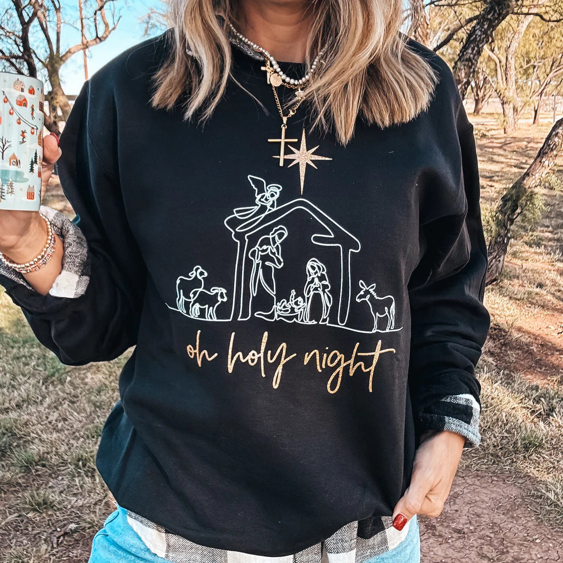 Oh Holy Night Sweatshirt - Black - Plus/Regular-Graphic Sweatshirt-LouisGeorge Boutique-LouisGeorge Boutique, Women’s Fashion Boutique Located in Trussville, Alabama