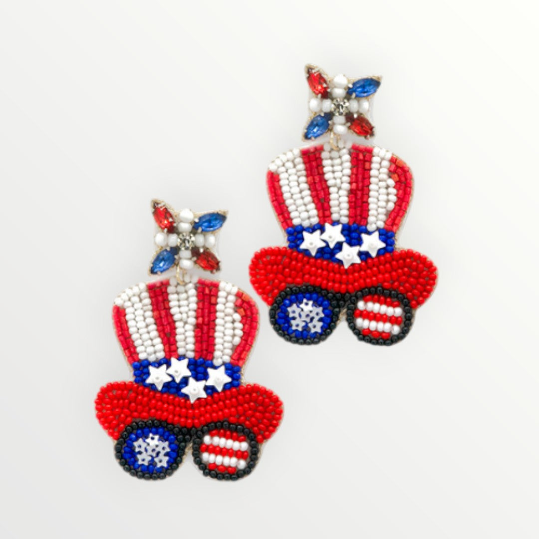 Patriotic Hat & Sunglasses Beaded Earring-Earrings-LouisGeorge Boutique-LouisGeorge Boutique, Women’s Fashion Boutique Located in Trussville, Alabama