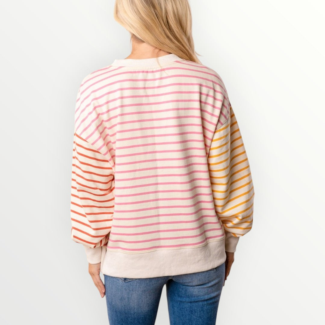 Multi Striped French Terry Top by White Birch - Plus/Regular - Pink Combo-Sweater-White Birch-LouisGeorge Boutique, Women’s Fashion Boutique Located in Trussville, Alabama