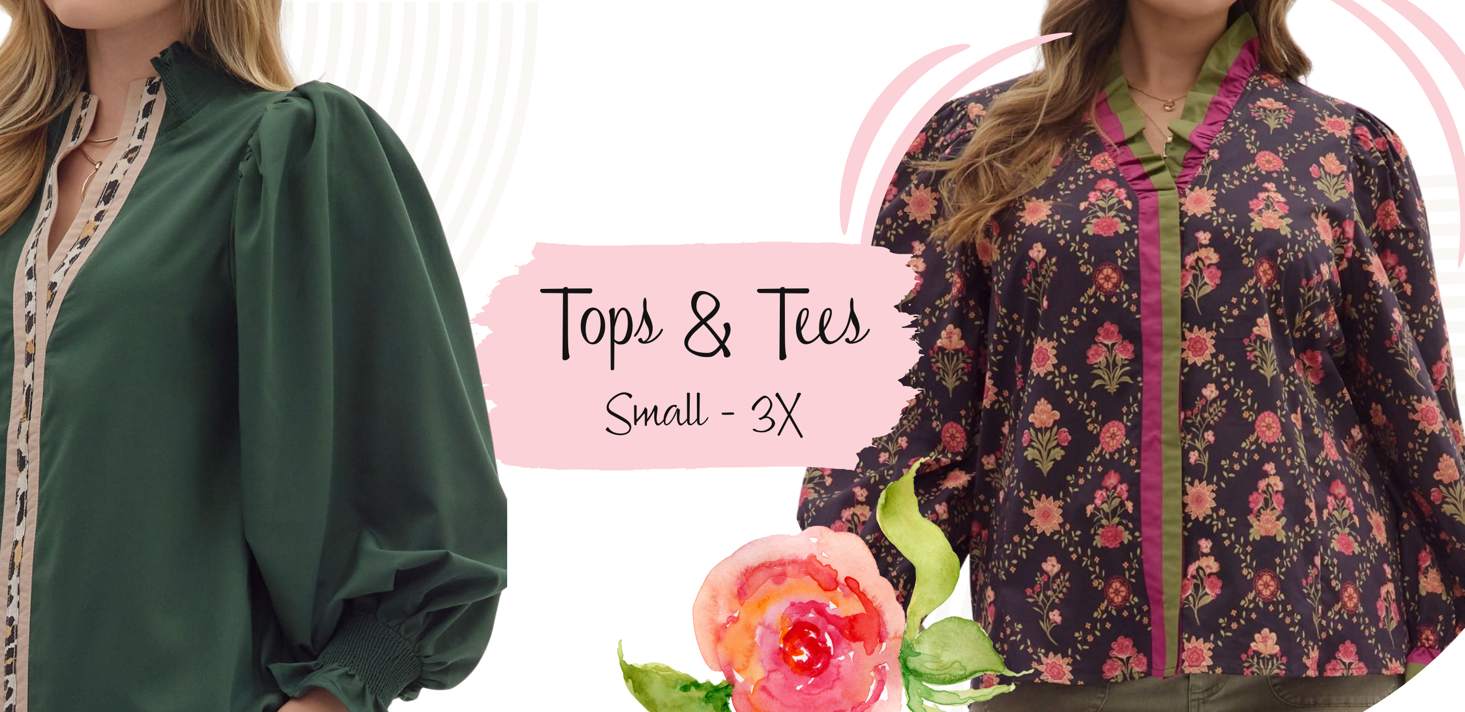 Two women wearing tops with floral and green designs, labeled 'Tops & Tees' on a light pink background | LouisGeorge Boutique 