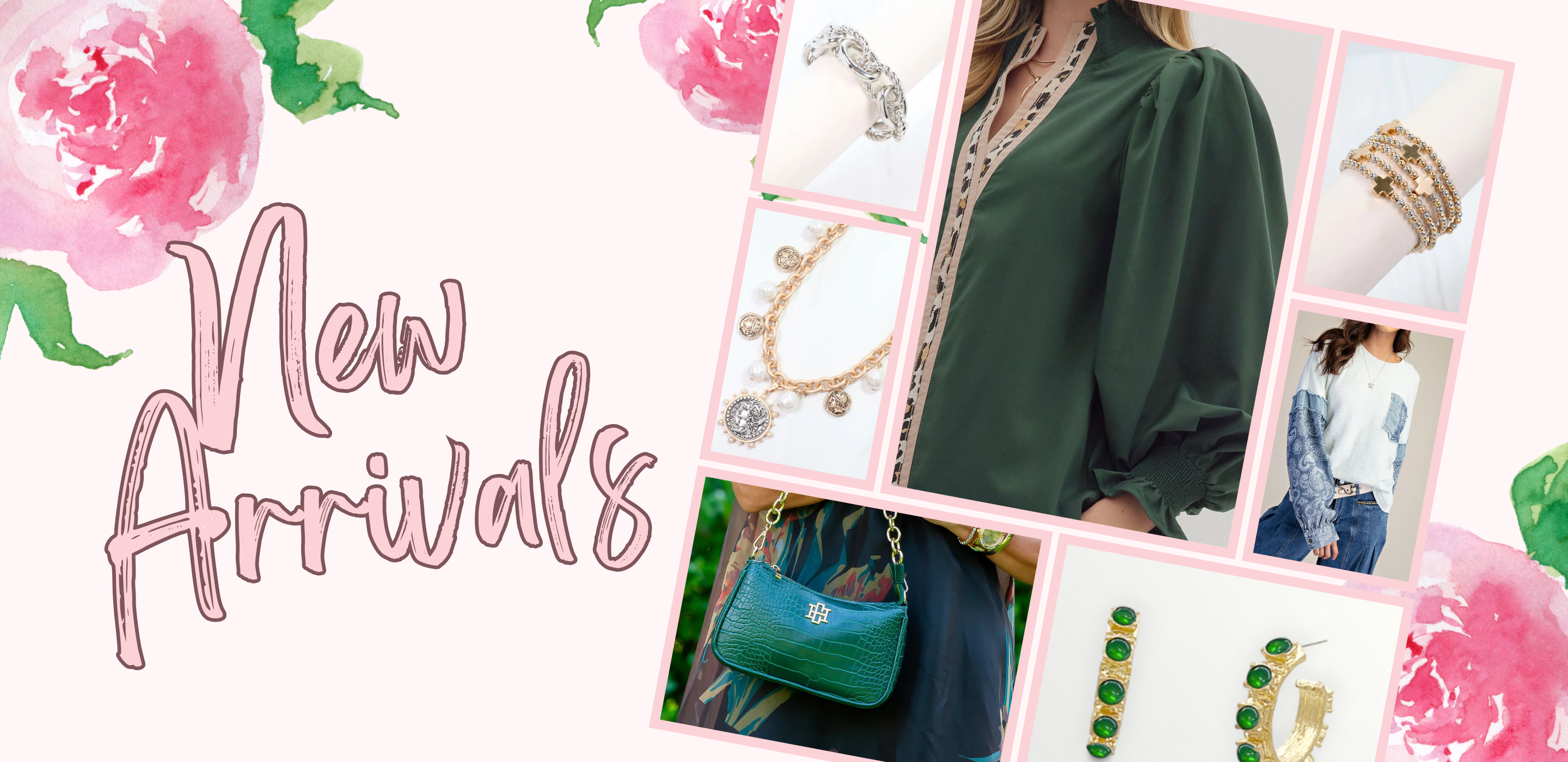 Promotional image with 'New Arrivals' text, jewelry, and clothing on a floral background | LouisGeorge Boutique
