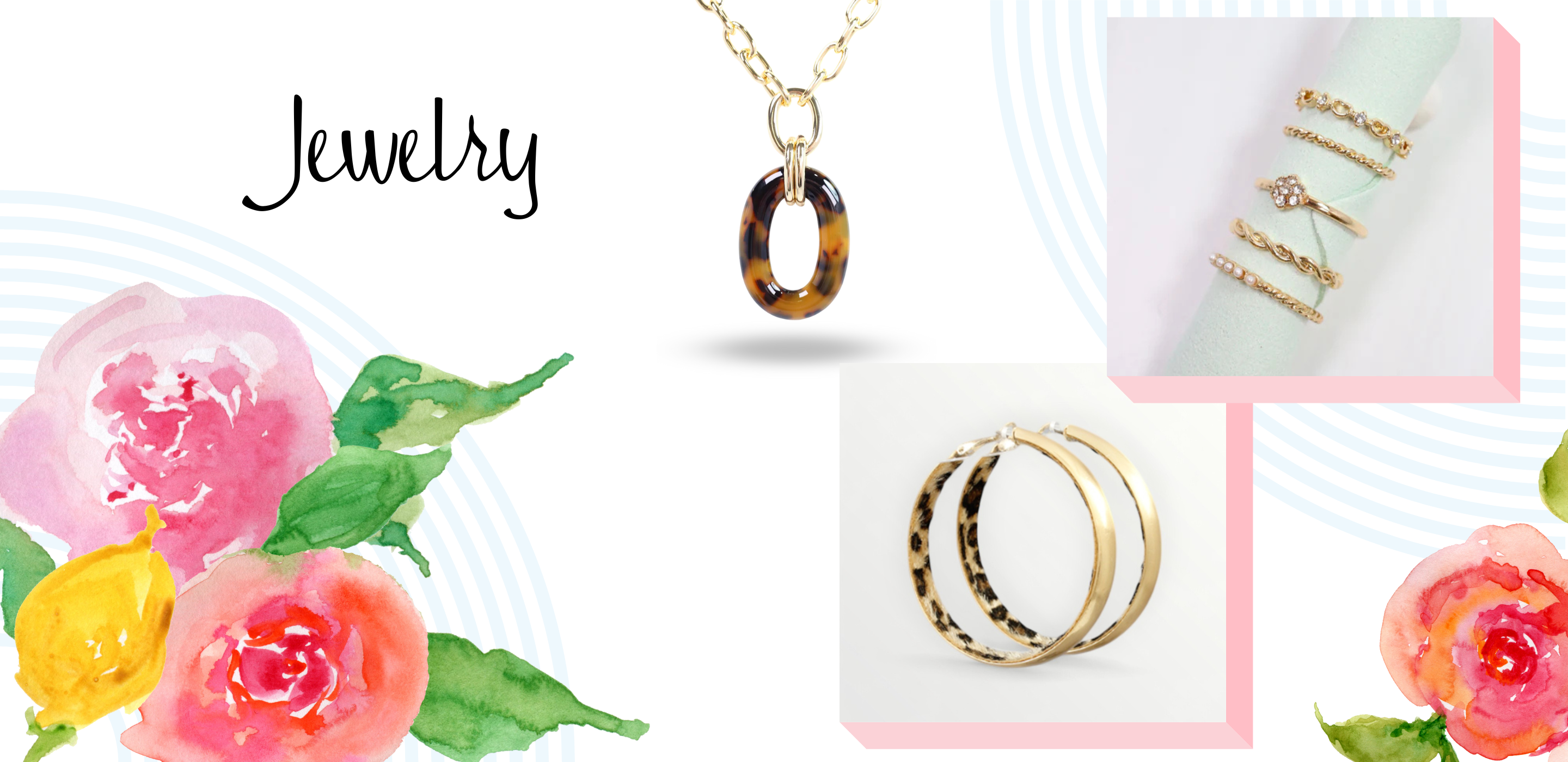 Jewelry display with necklaces and rings on a floral background | LouisGeorge Boutique