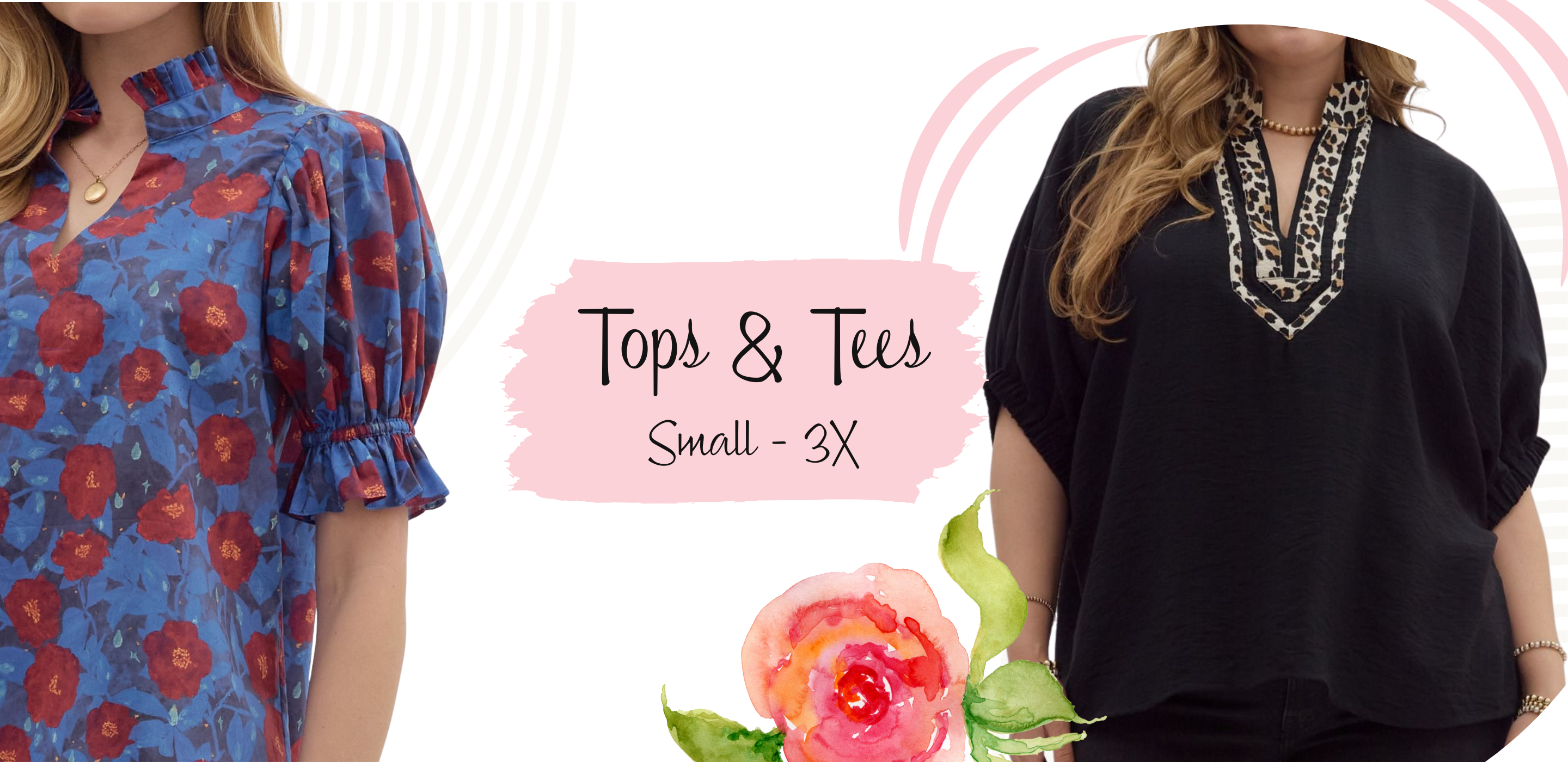Two women wearing floral and black tops with text 'Tops & Tees Small - 3X' on a white background LouisGeorge boutique 