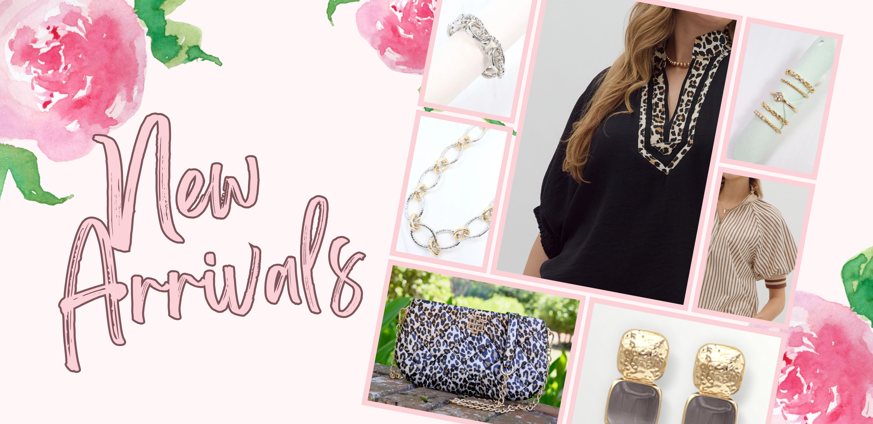 Promotional image for new jewelry arrivals with floral elements and product | LouisGeorge Boutique.