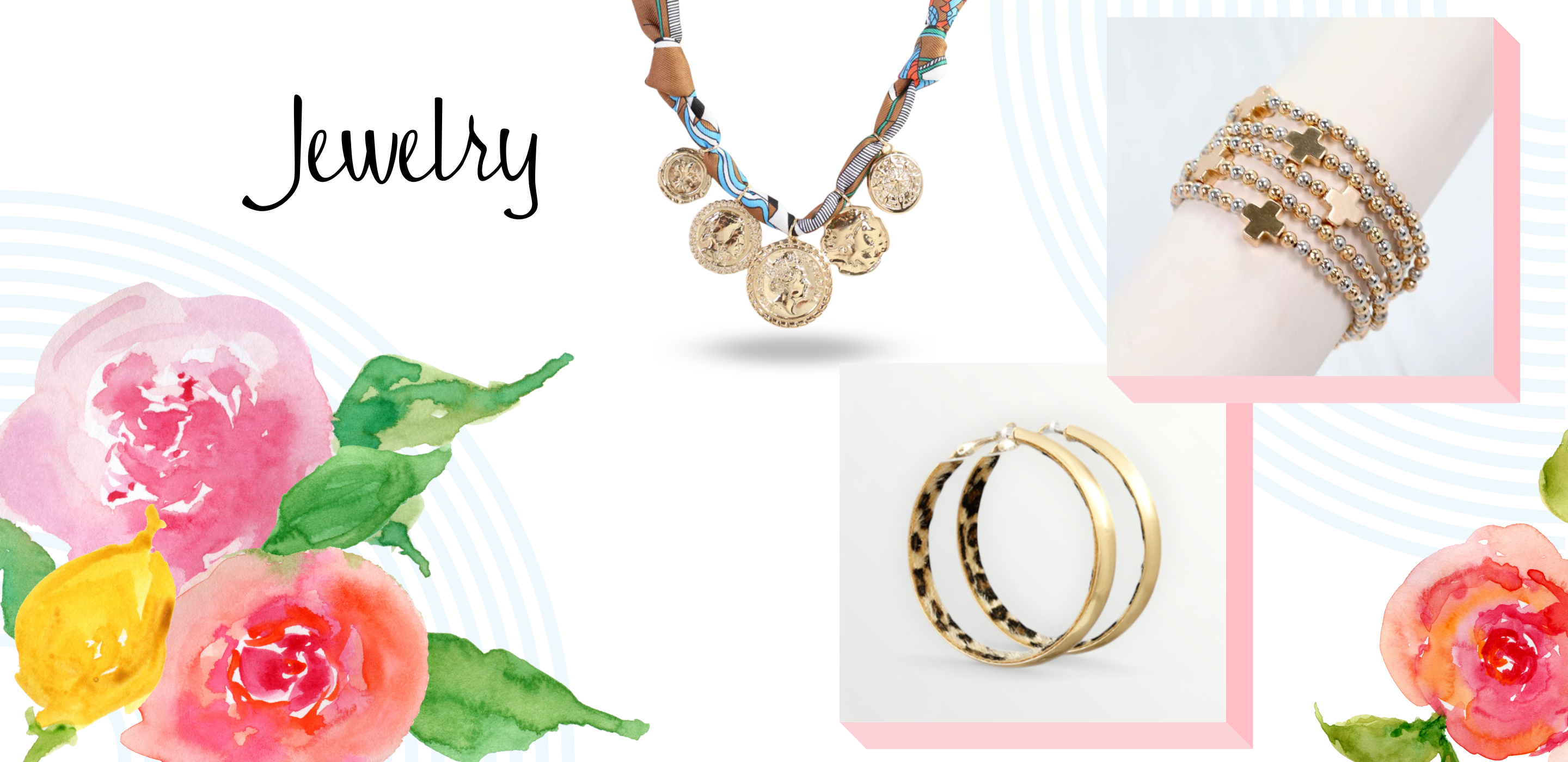 Jewelry display with necklaces, rings, and flowers on a white background | LouisGeorge Boutique