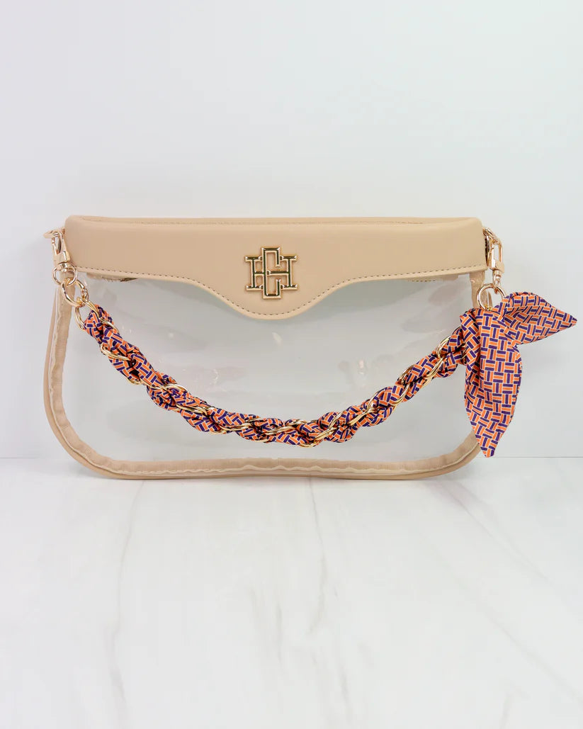 Madi Gameday Clear Crossbody - Nude/Navy & Orange Scarf Chain-Crossbody-Caroline Hill-LouisGeorge Boutique, Women’s Fashion Boutique Located in Trussville, Alabama