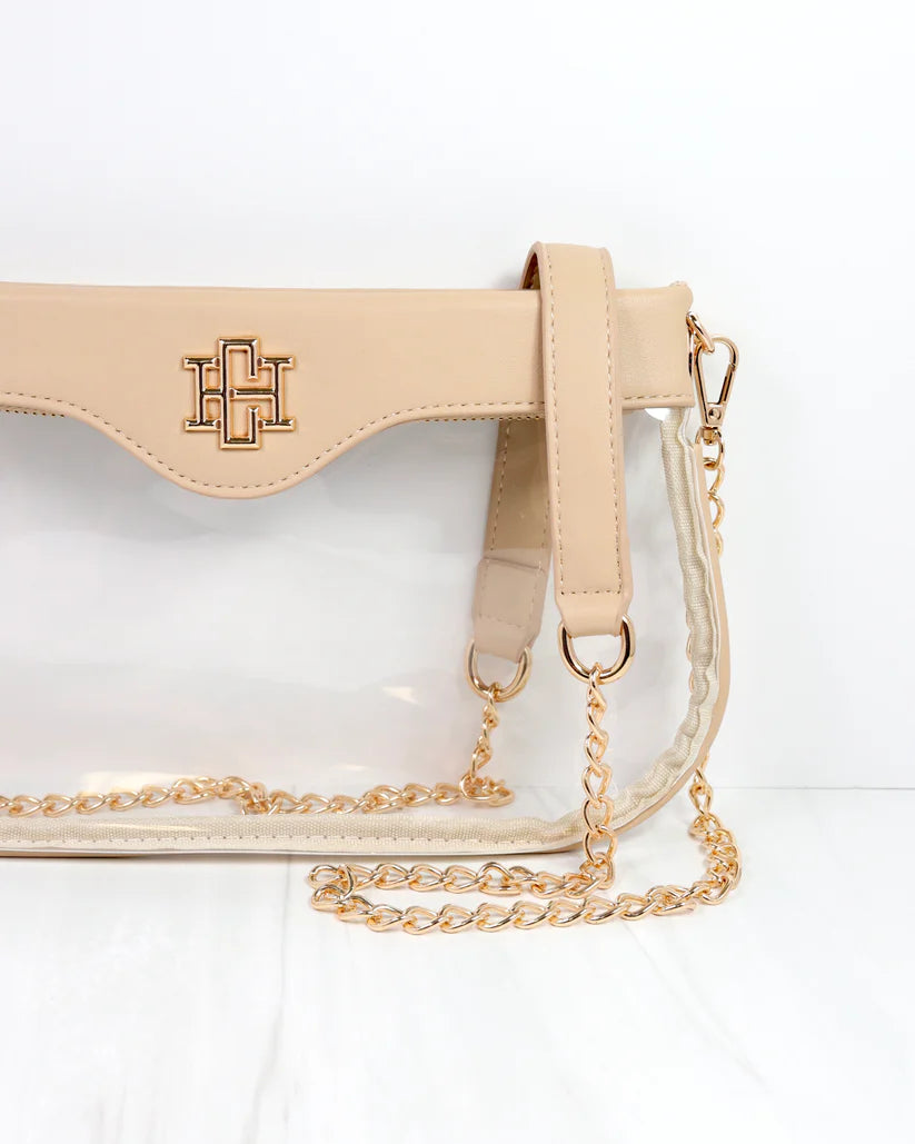 Madi Gameday Clear Crossbody - Nude/Navy & Orange Scarf Chain-Crossbody-Caroline Hill-LouisGeorge Boutique, Women’s Fashion Boutique Located in Trussville, Alabama
