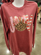 JOY Leopard Tee Comfort Colors Long Sleeve - Crimson - Plus/Regular-Graphic Tee-LouisGeorge Boutique-LouisGeorge Boutique, Women’s Fashion Boutique Located in Trussville, Alabama