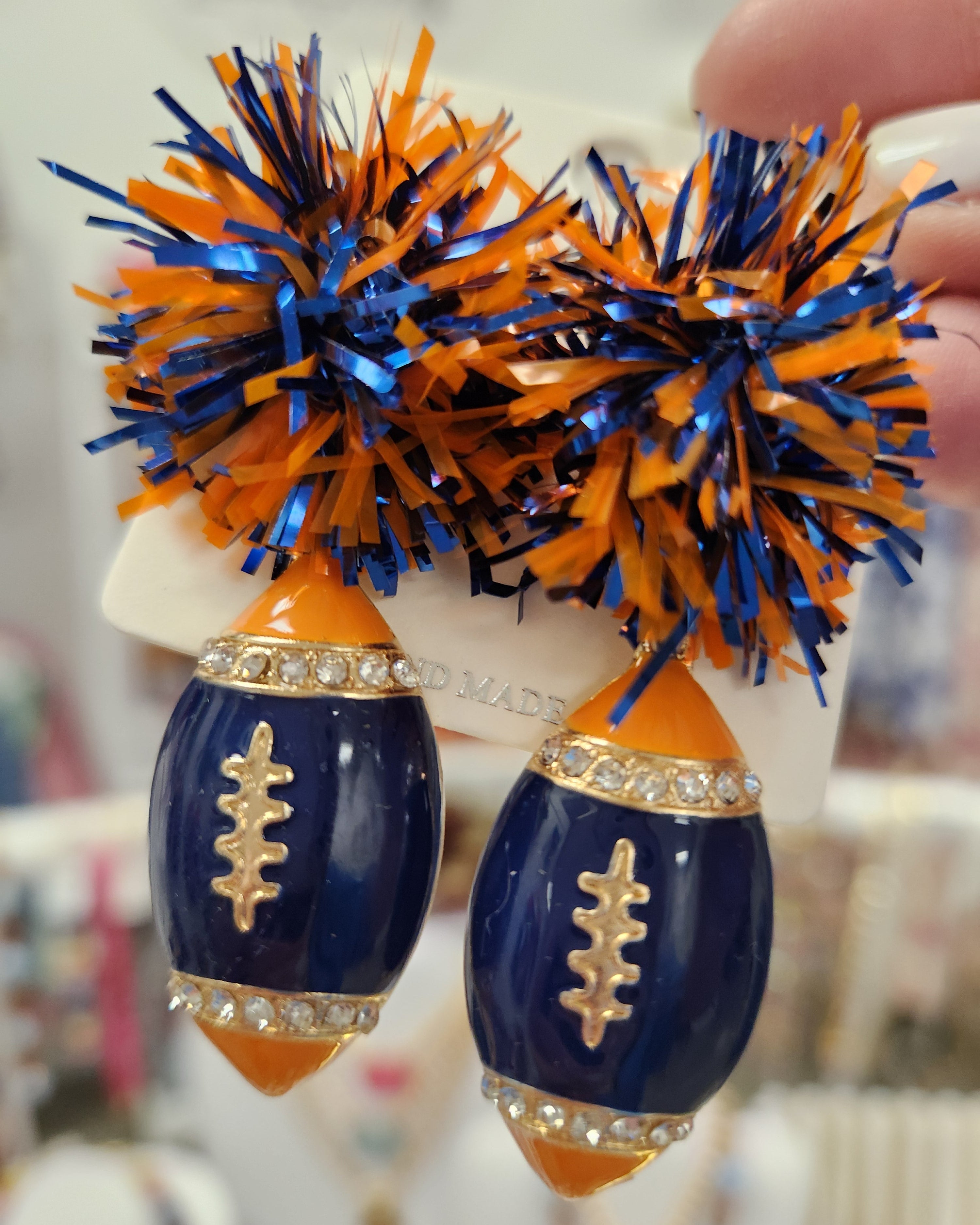 Navy & Orange Pom Football Earrings-Earrings-LouisGeorge Boutique-LouisGeorge Boutique, Women’s Fashion Boutique Located in Trussville, Alabama