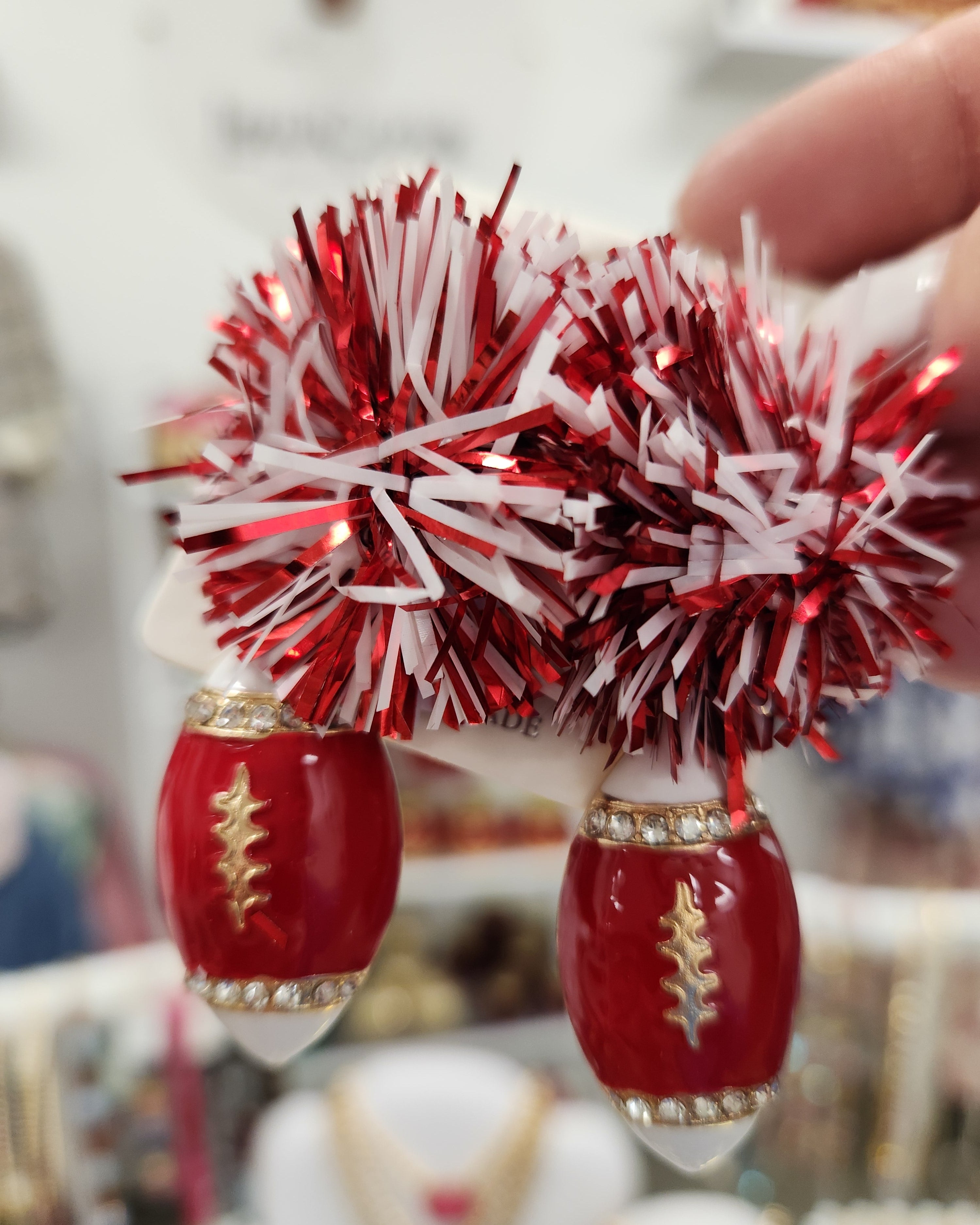 Red & White Pom Football Earrings-Earrings-LouisGeorge Boutique-LouisGeorge Boutique, Women’s Fashion Boutique Located in Trussville, Alabama
