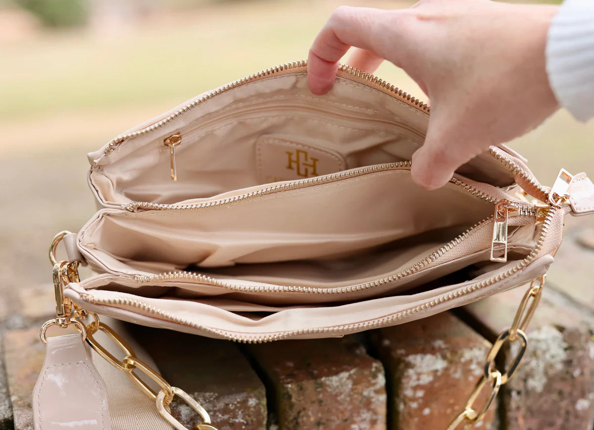 Beige patent bag shop